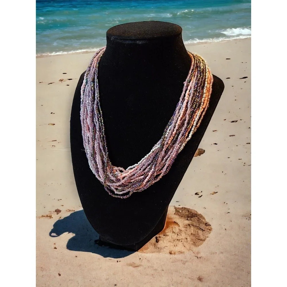 Pink Purple 20 Strand Sea Bead Necklace 20inches Iridescent Strands Boho